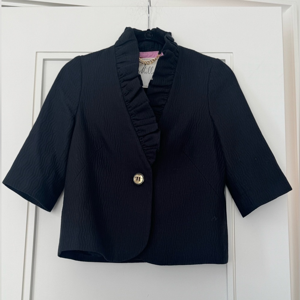 Milly Of New York Cropped Jacket / Blazer Ruffled Neck line / Silk Lining Sz 2